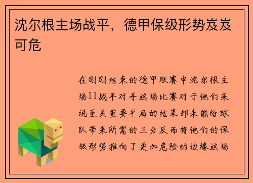 沈尔根主场战平，德甲保级形势岌岌可危